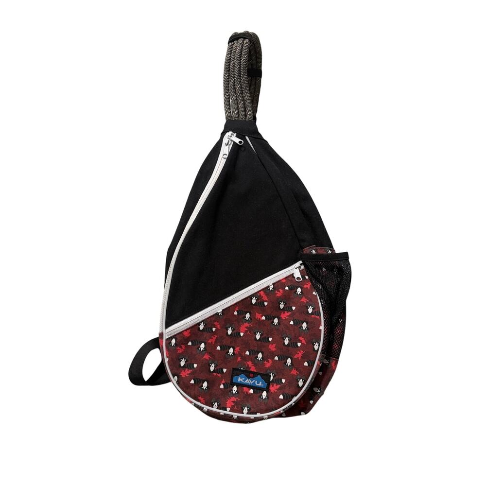KAVU Rope Sling Bag Raccoon Red Leaf Print Crossbody Backpack Excellent